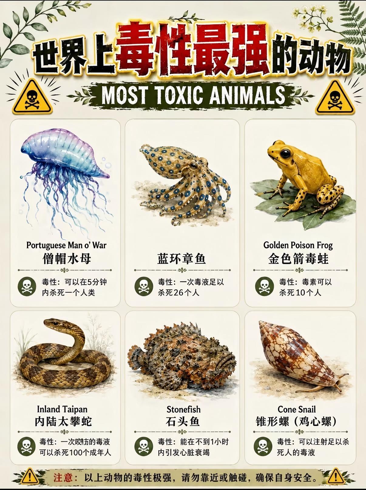 ⚠️全球六大剧毒动物图鉴，遇见千万远离！一张图认清世界毒性顶尖的6种生物