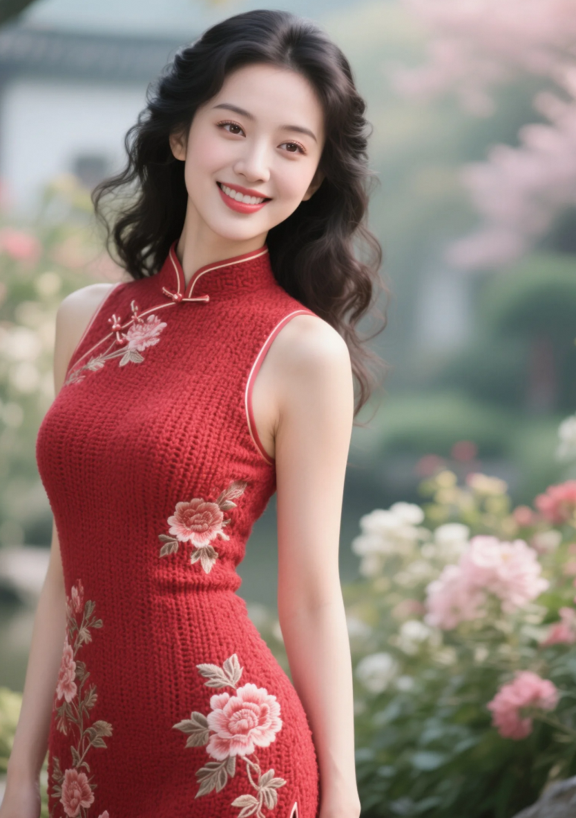 洋红绣花旗袍映衬下的古典美人