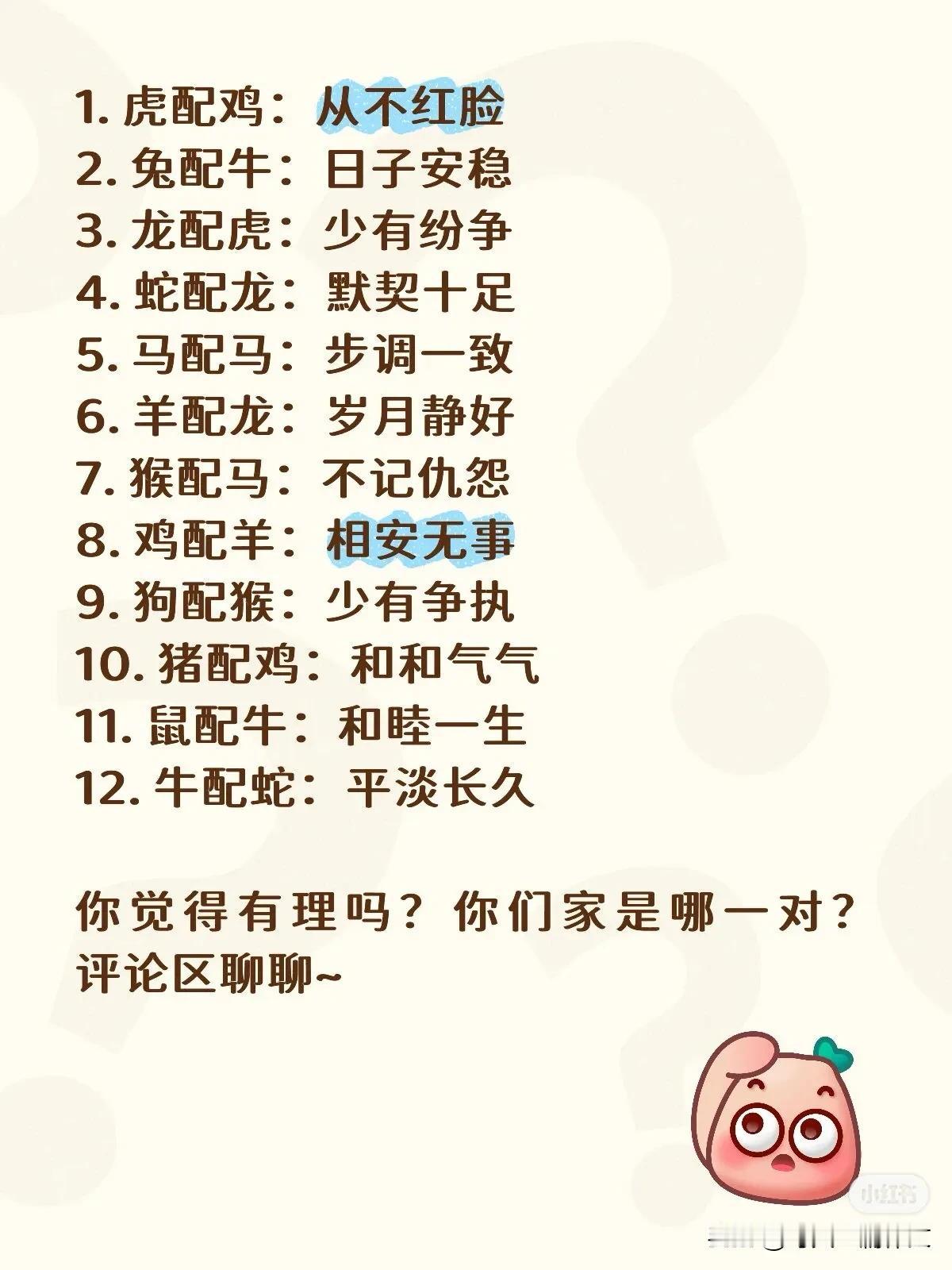 1.虎配鸡：从不红脸2.兔配牛：日子安稳3.龙配虎：少有纷争4.蛇