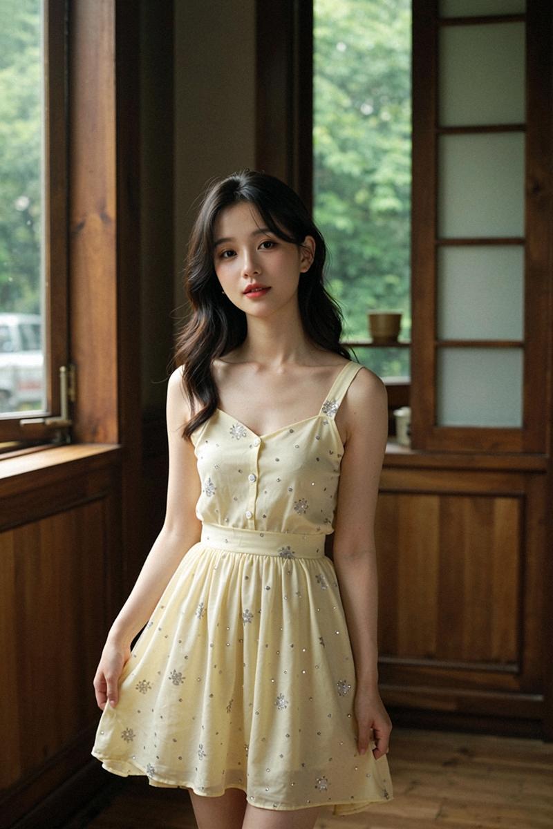 夏日清新风，少女心满满，复古木窗前，甜美连衣裙，自然光下，温柔动人。