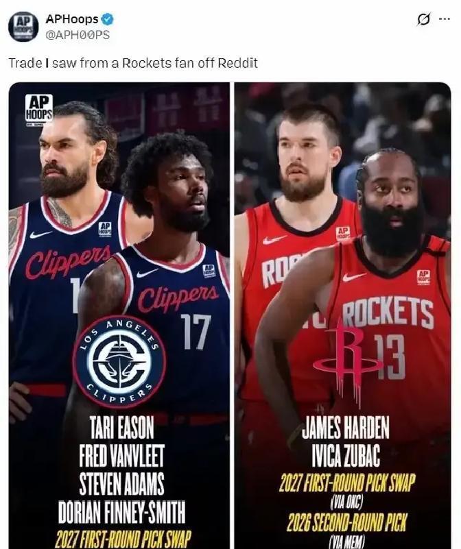 别再传哈登回火箭了，快船老板鲍尔默刚往交易流言上泼了桶汽油。Shams最新