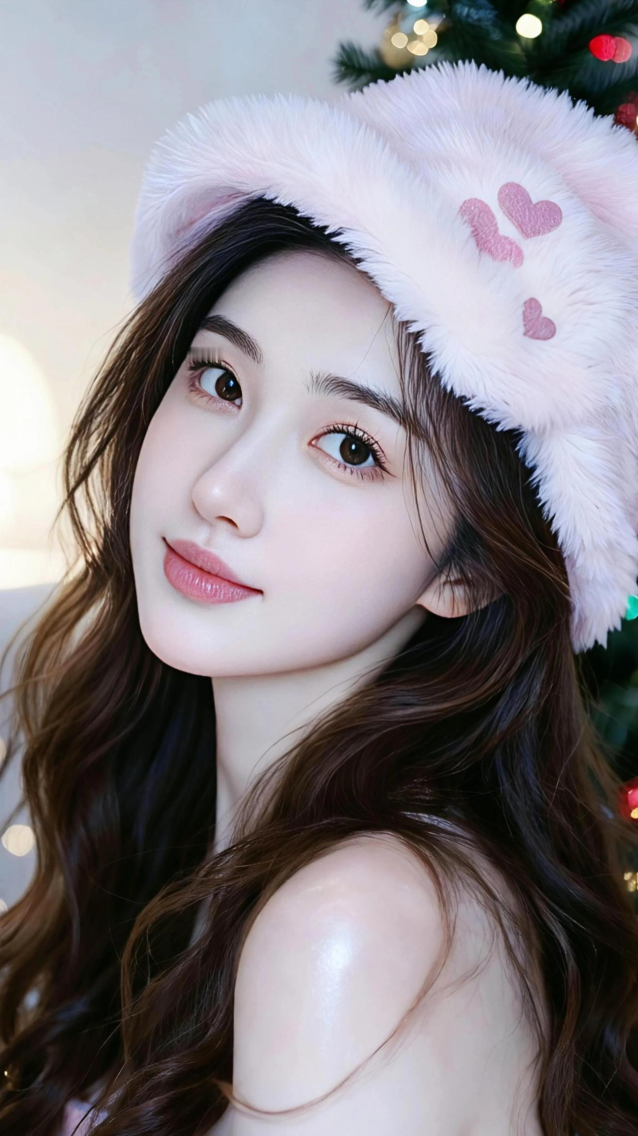 圣诞氛围浓厚的自拍，粉色毛绒帽子和圣诞树背景，甜美可爱！🎄💖
