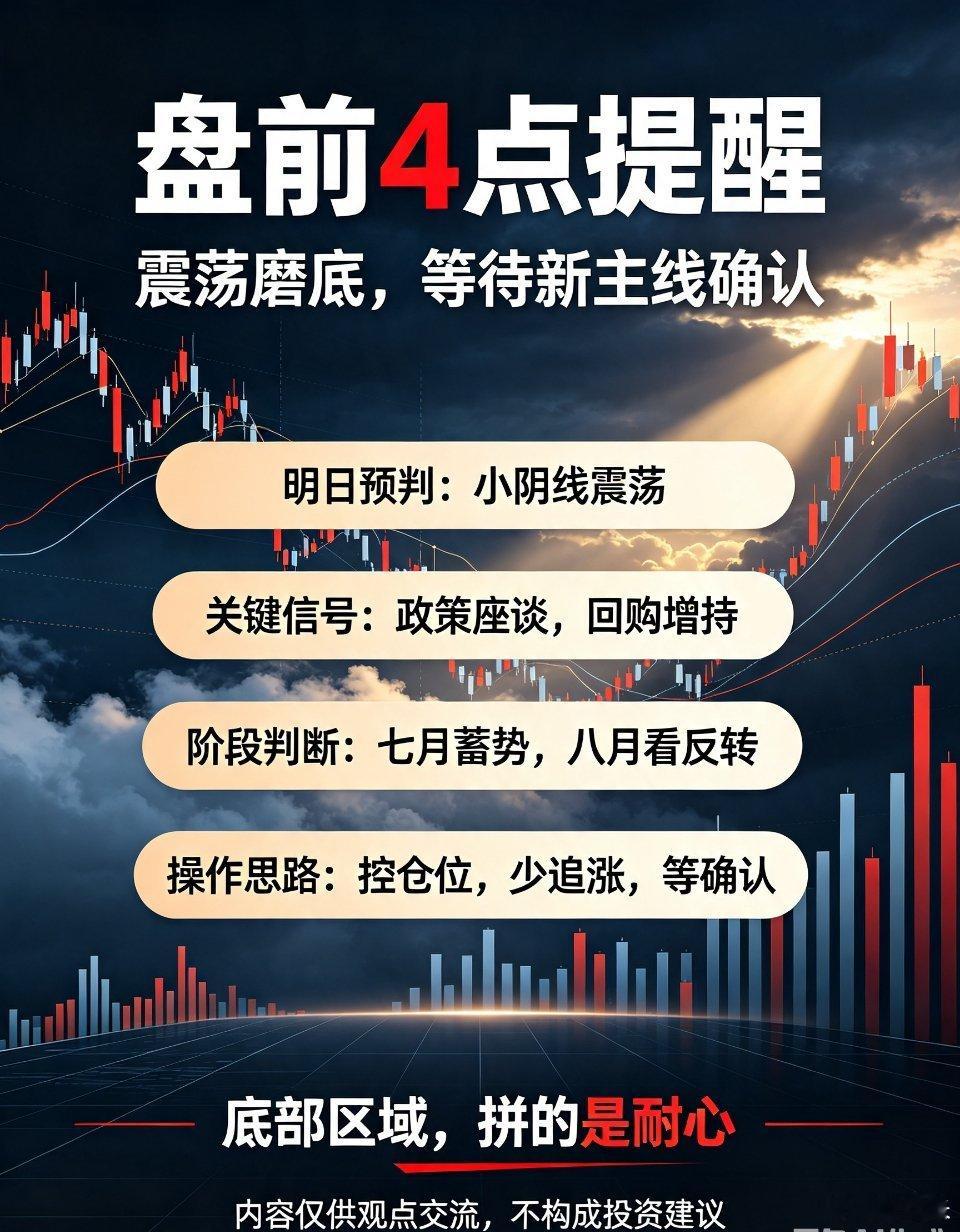 明天股市开盘前，提前给大家4点提醒！1、明日行情预判今日走势符合预判：早盘冲高、