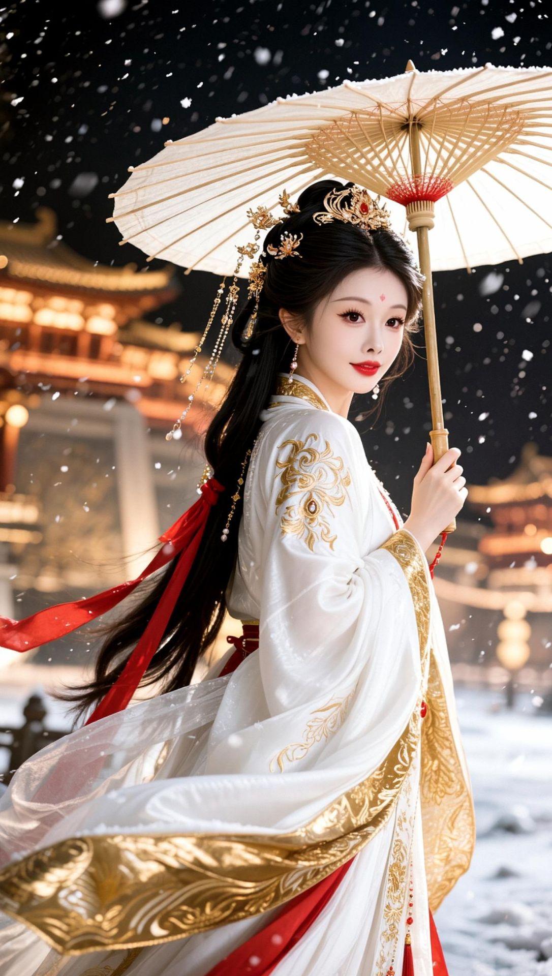 AI雪夜汉服照  古风下雪大片 雪天汉服写真 汉服和雪景的适配