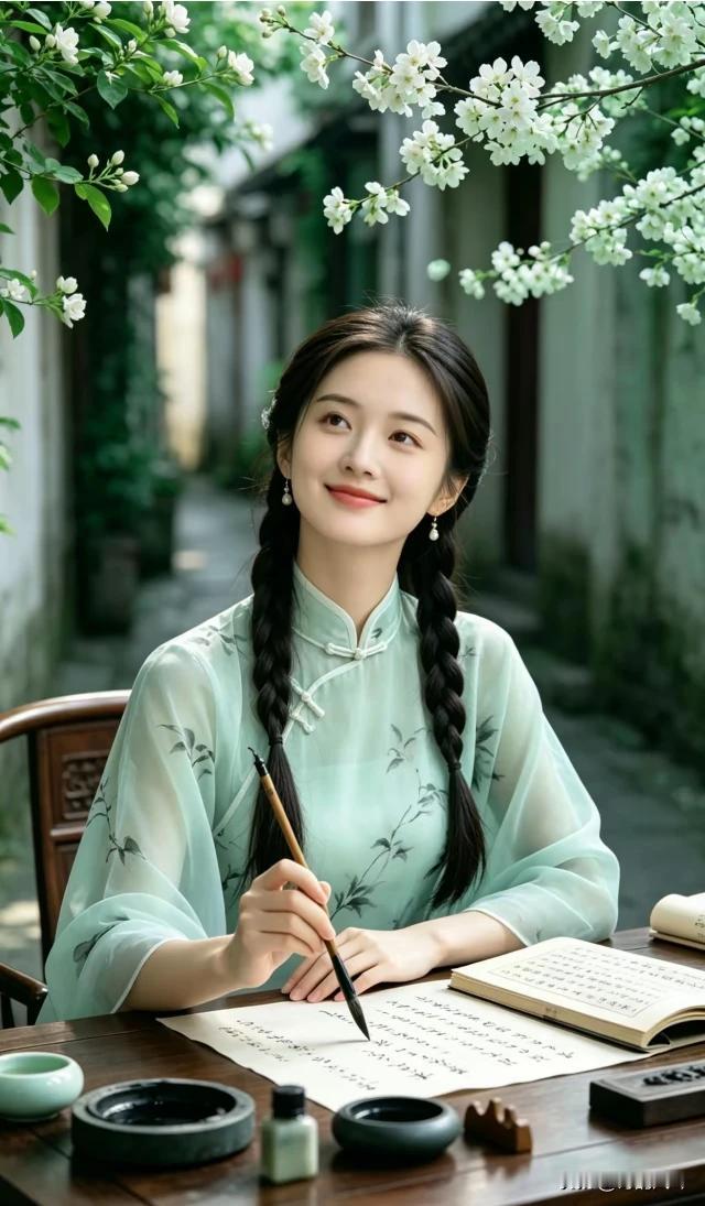 古巷佳人貌相灵，花间伏案写兰亭；砚中墨润春风软，羲之笔法且慢行。