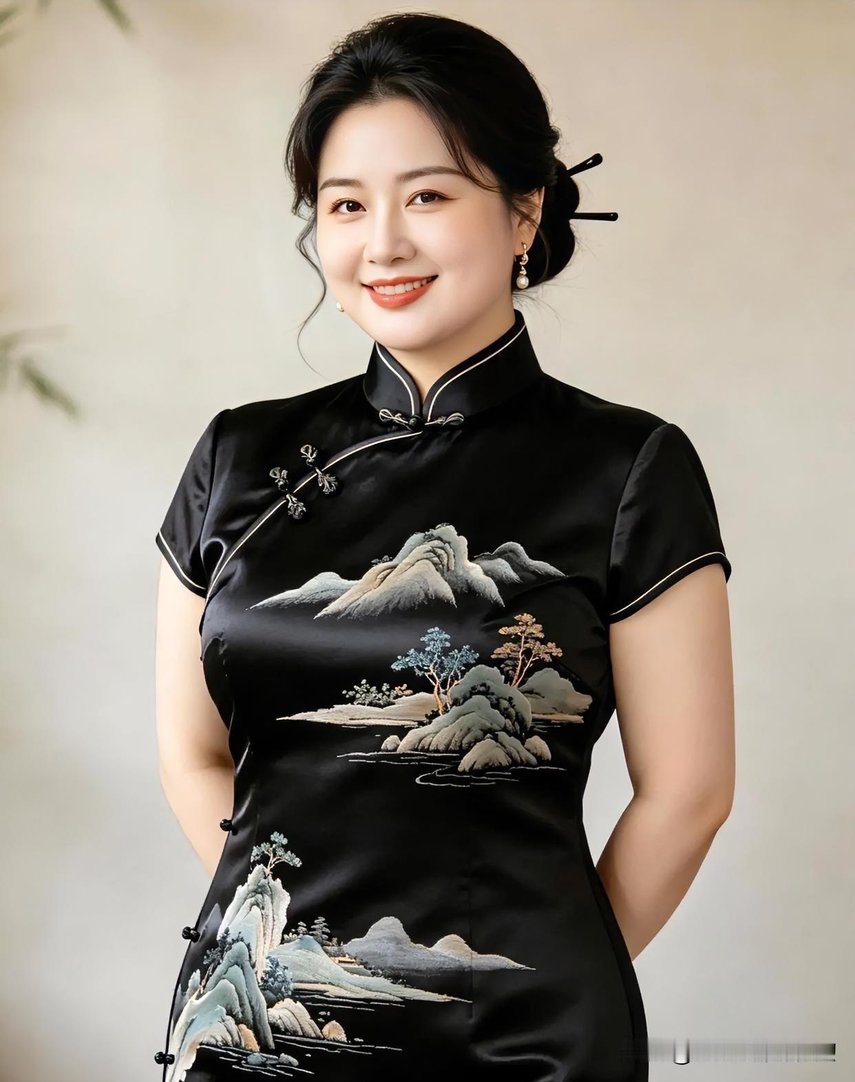 墨色如黛绘山水，盘扣轻系藏古韵。温婉一笑倾城色，东方佳人尽显雅致风华。