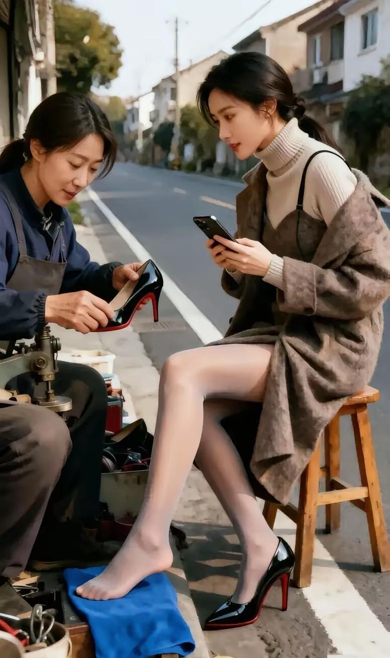 今天路过修鞋摊，正好瞧见师傅在帮顾客修高跟鞋。这高跟鞋估计是被小姐姐踢坏了，鞋跟