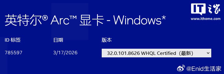 英特尔当地时间17日为锐炫Arc显卡推出了32.0.101.8626