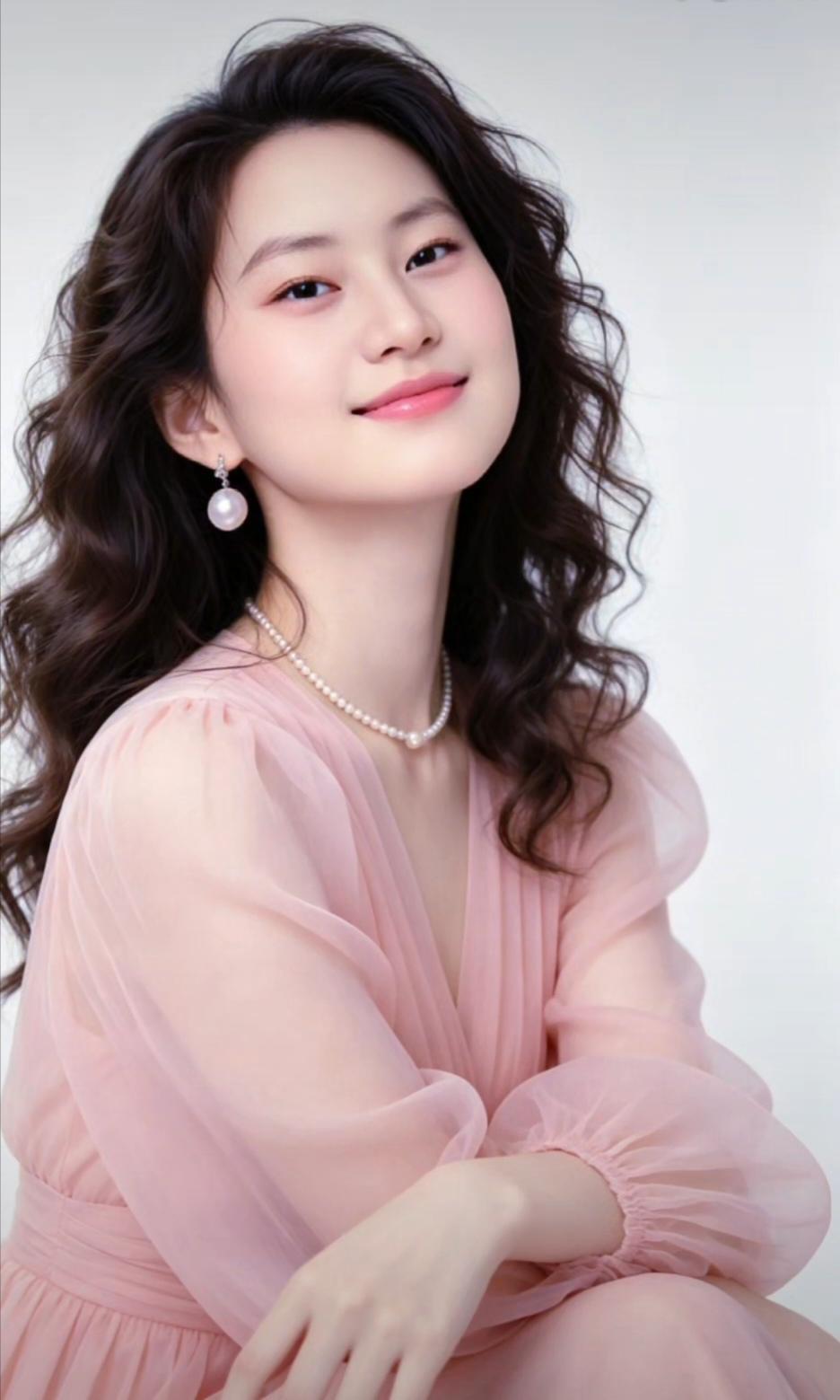这位美女穿着粉色裙装，佩戴珍珠饰品，笑容甜美。