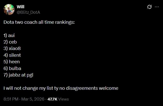 李逵教练心中的最佳教练，xiao8上榜Blitz：DOTA2历代教练排名。