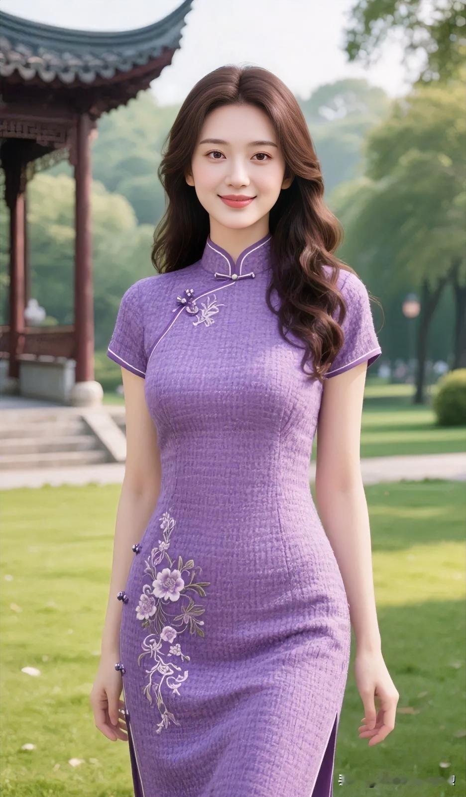 淡紫旗袍绣精致花枝，立于亭前绿茵，温婉浅笑，尽显东方女子的含蓄与优雅之美。
