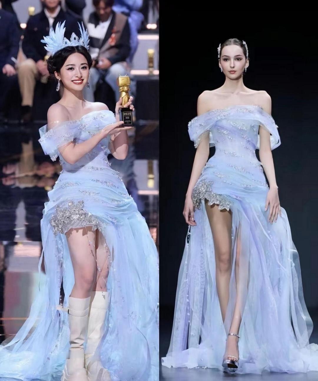 沈月长相精致，礼服造型仙气满满，虽身高不占优，但同外籍模特相较气质依旧不输。