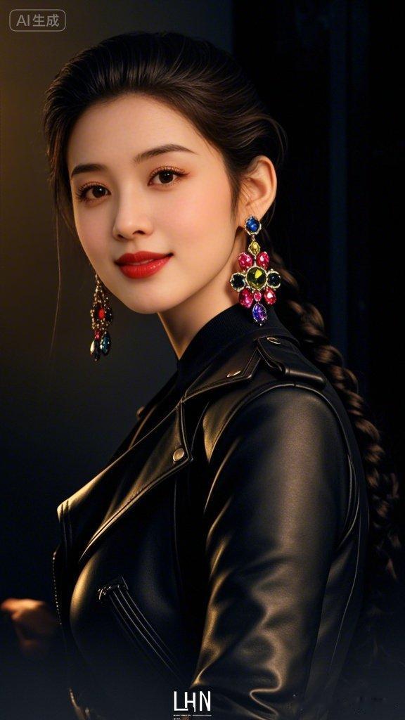 时尚黑皮夹克，搭配彩色耳饰，尽显酷炫魅力！