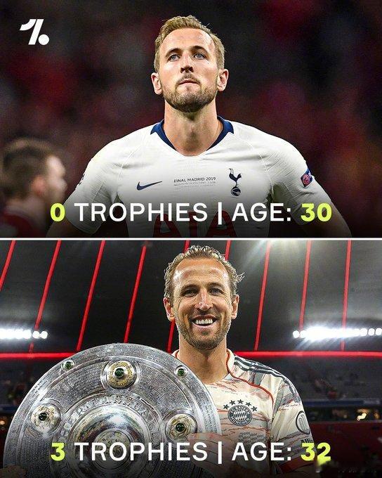 【拜仁提前四轮夺冠】凯恩，30岁离开热刺时，职业生涯0冠，加盟拜仁2年，他已经