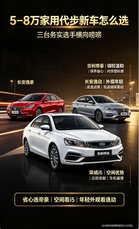 5‑8万家用代步新车怎么选，三台务实选手横向唠唠预算卡在5‑8万纯家用代步，吉利帝豪、长安逸动、荣威