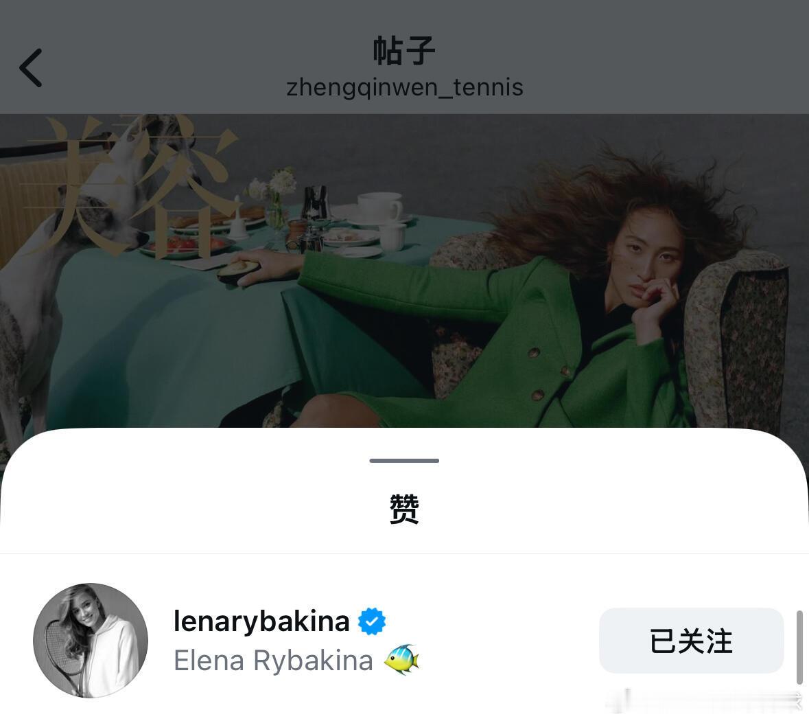 莱巴金娜，萨巴伦卡等点赞了郑钦文的vogue新封面莱巴金娜，萨巴伦卡，科斯丘克等