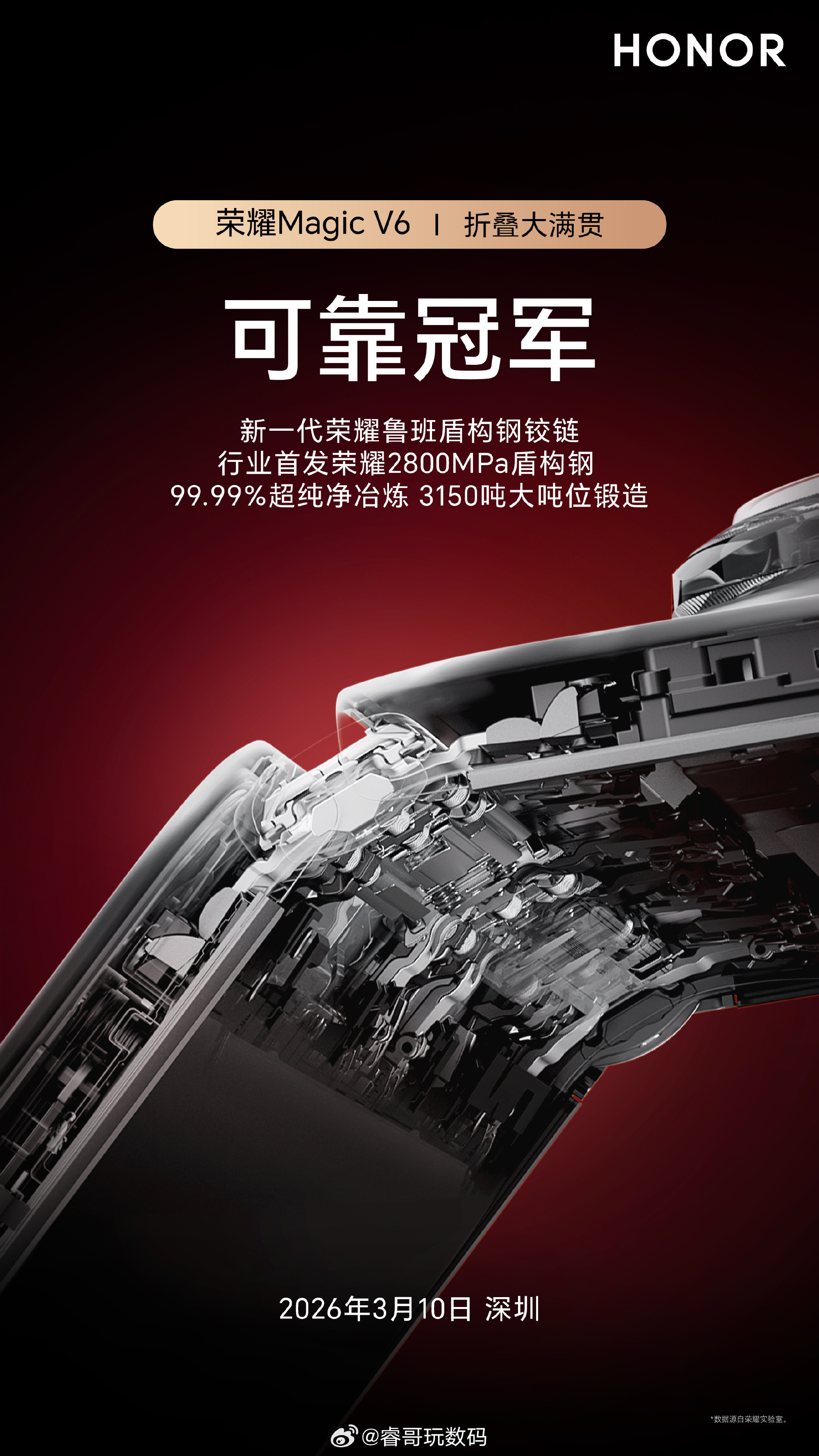 荣耀MagicV6铰链行业首发2800MPa盾构钢，支持同级唯一4米防水，I