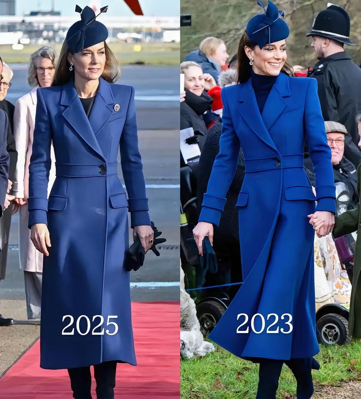 “旧衣新穿”，凯特这风格，完全是复制了戴安娜蓝色大衣搭配同款色调帽子，再加上蓝
