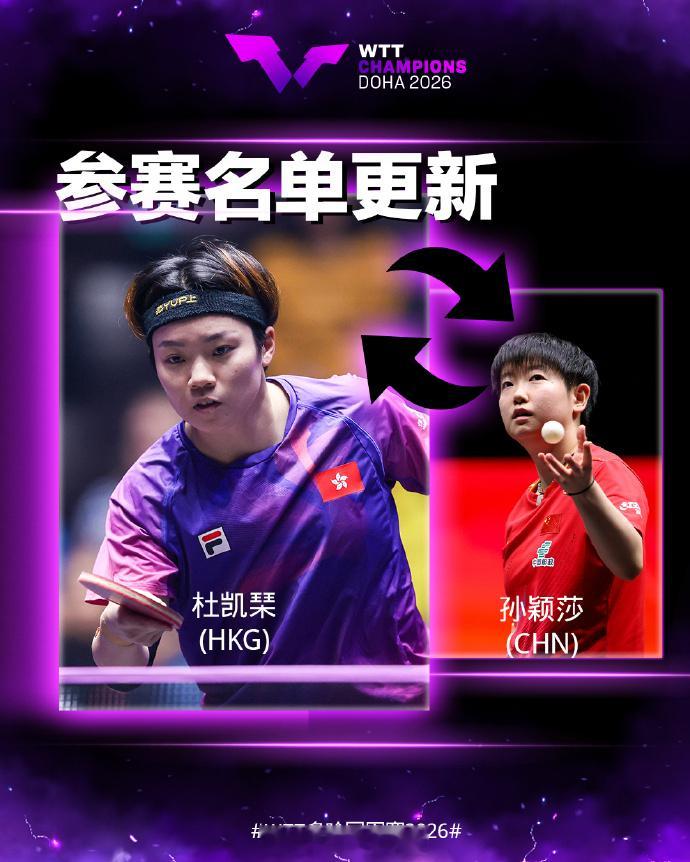 孙颖莎退出多哈冠军赛据消息，孙颖莎退出WTT多哈冠军赛2026，杜凯琹递补参赛