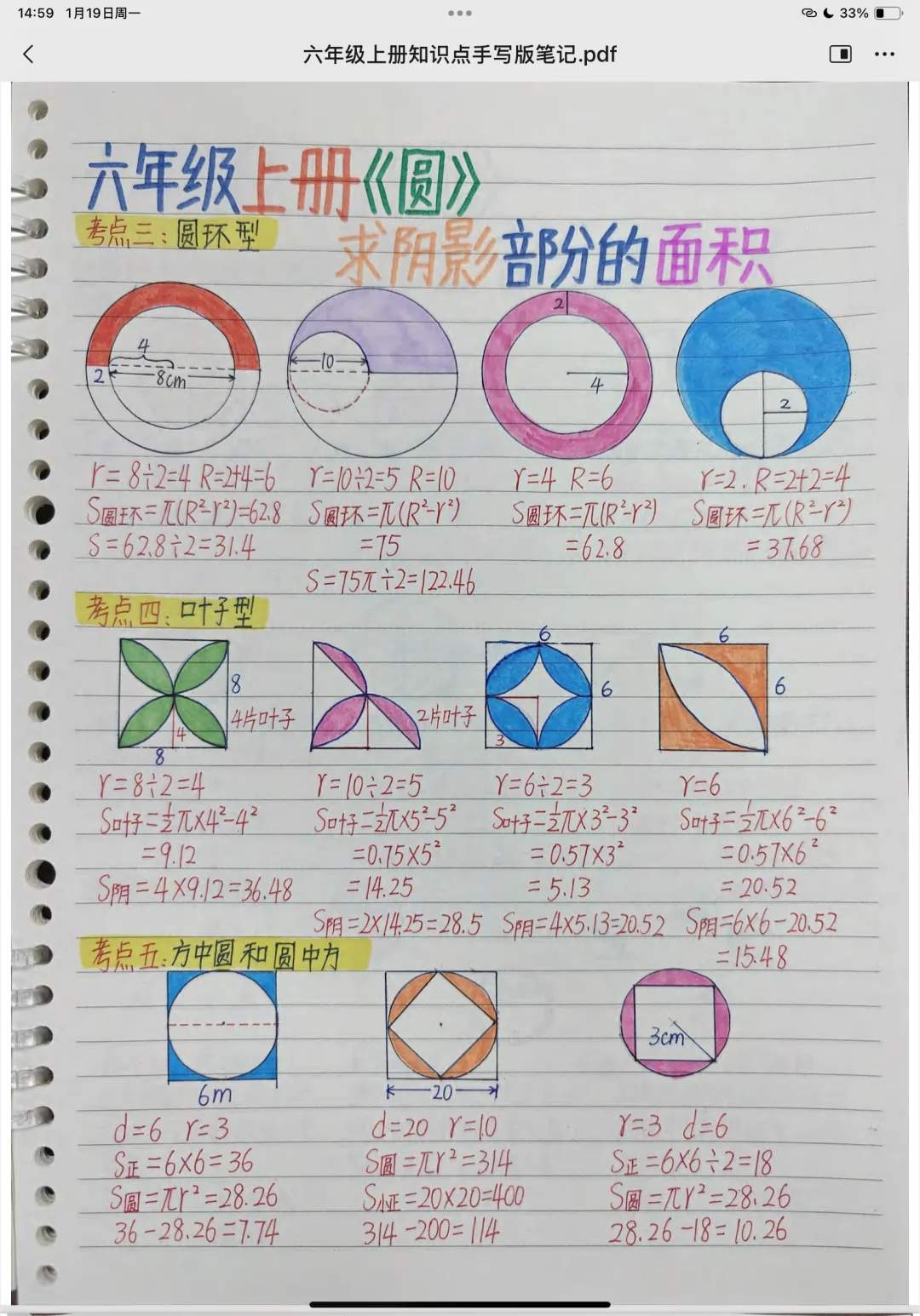 圆的面积 求阴影面积 六年级数学笔记