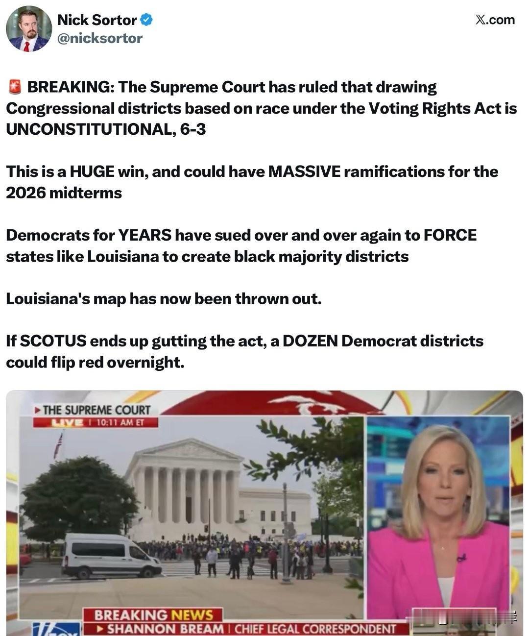 🚨突发：最高法院以6-3的投票结果裁定，根据《投票权法案》按种族划分国会选区