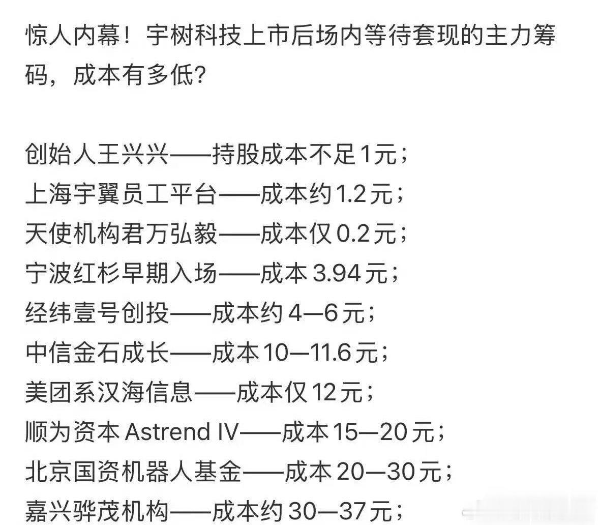 看到这张图，你还敢去买宇树科技吗？网上看到一位股民发的宇树科技原始股东的持股成本