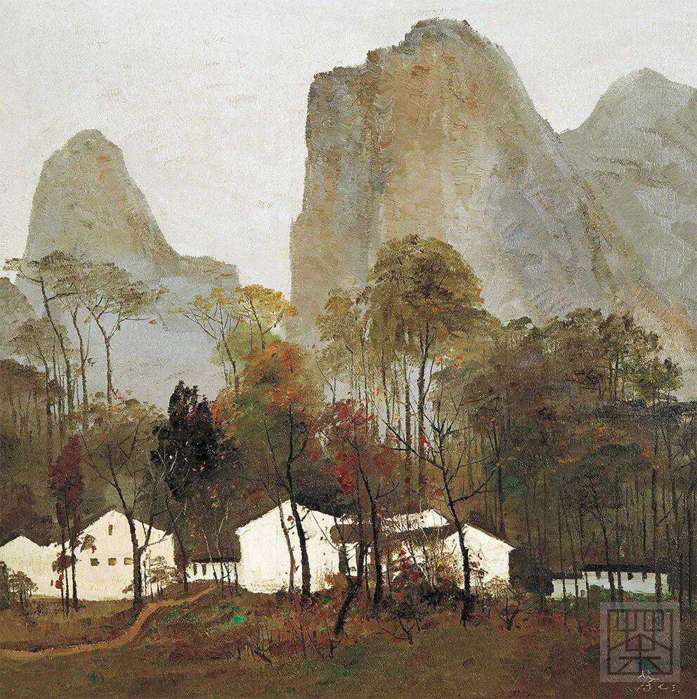 吴冠中画桂林，画里山峰立水畔、民居缀其间，水墨中山影映天光、水田漾春意，每幅都藏