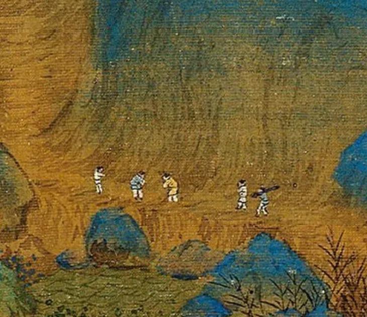 《千里江山图》片段小故事（适配画面）。暮春时节，一位士人乘着小舟，沿江水前来拜