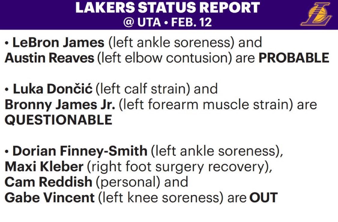 📌湖人明天对阵爵士伤病报告：•勒布朗·詹姆斯（左脚踝酸痛）和奥斯汀·里夫