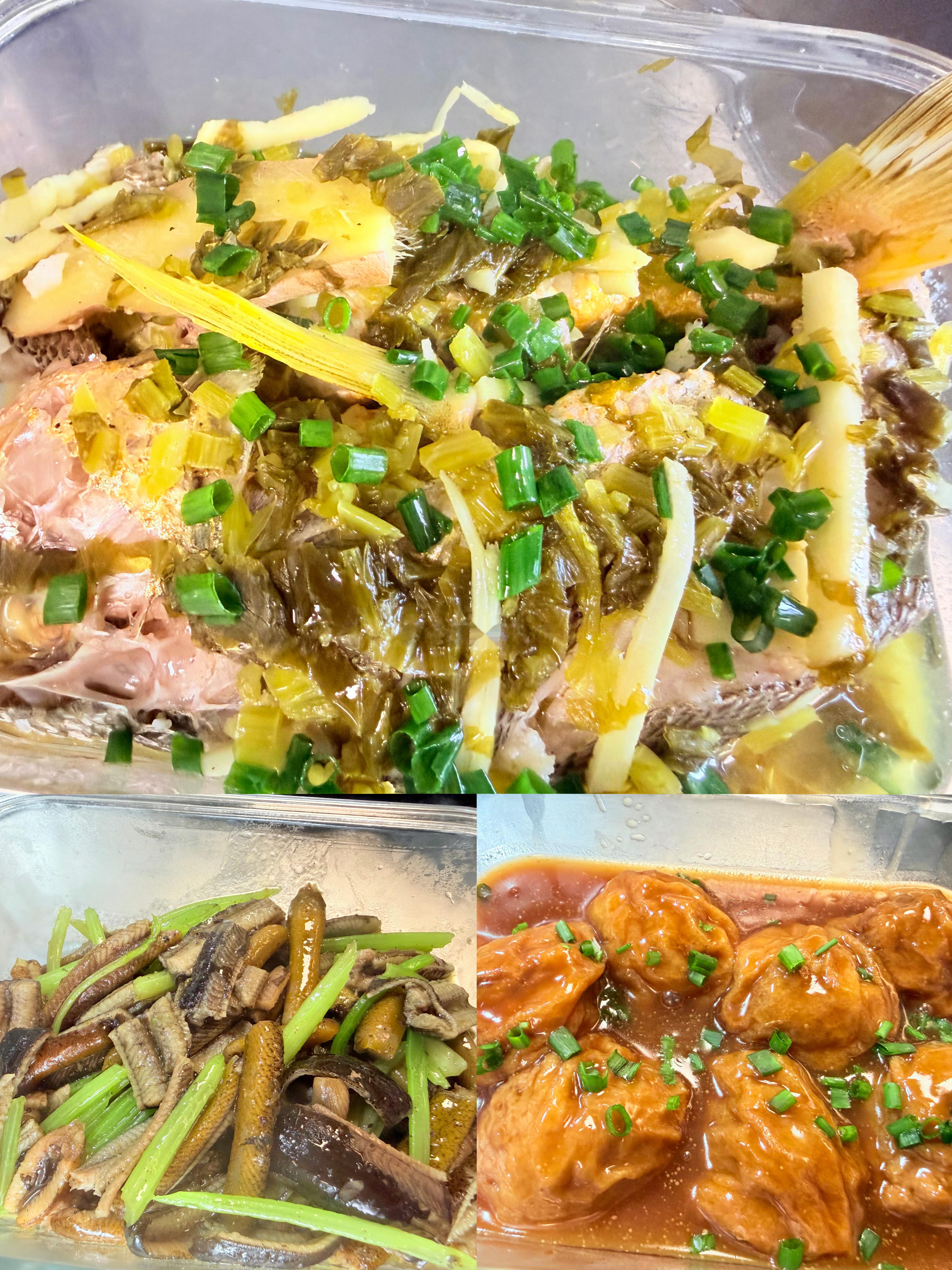 岑先生啦啦啦宵夜时间：雪菜笋丝蒸黄鱼➕面筋塞肉➕鳝丝➕山药筒骨汤👍🏻，又