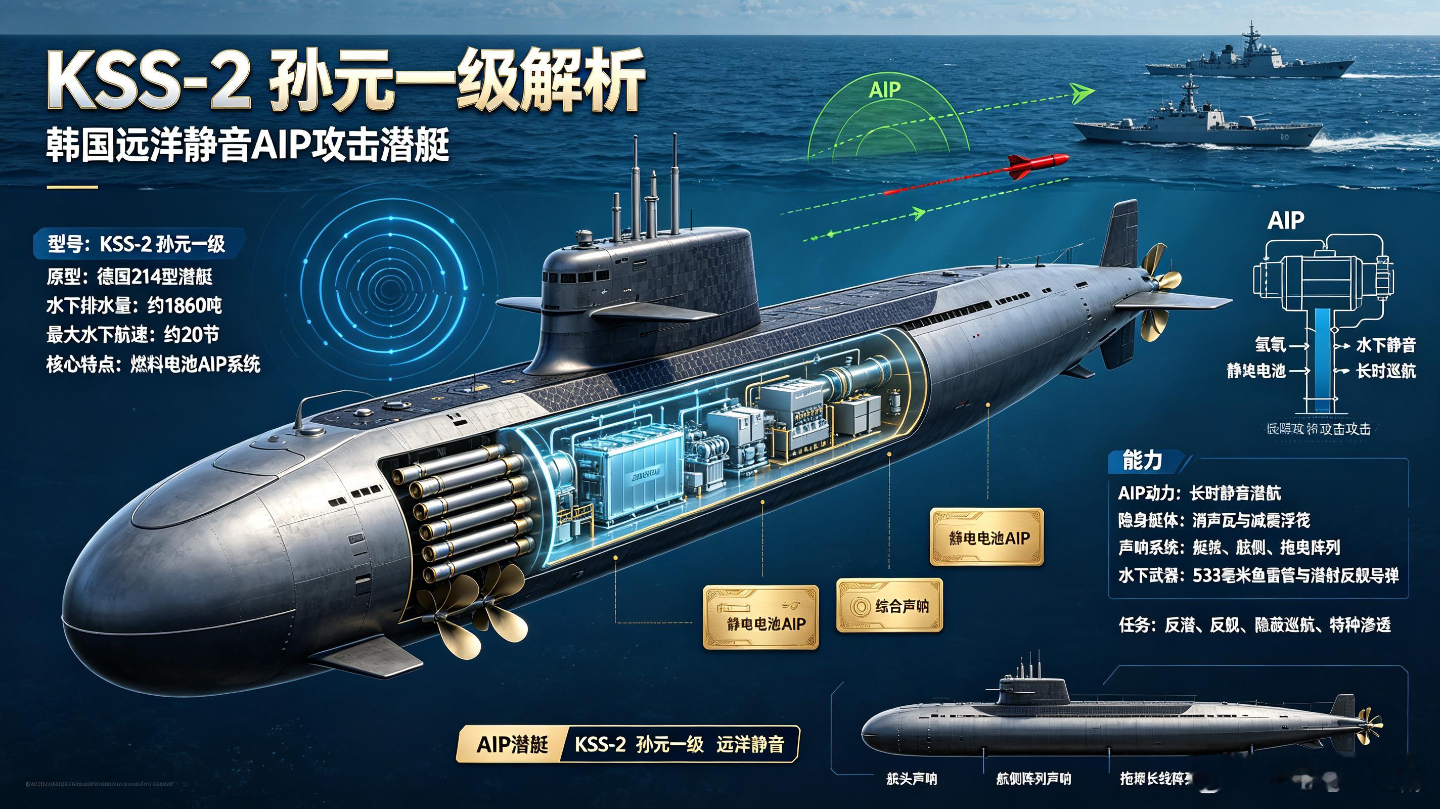 KSS-2孙元一级，韩国远洋静音AIP攻击潜艇。基于德国214型技术本土化建造，
