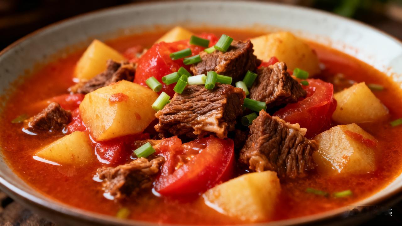 番茄土豆烧牛腩牛腩切方块，在清水里泡去血水，冷水下锅焯出浮沫，捞起用温水冲