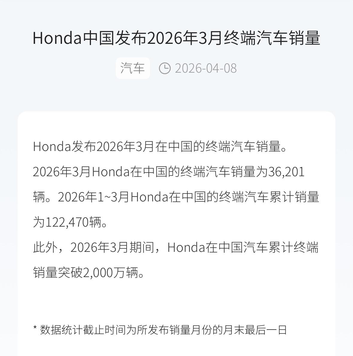 本田中国3月销量36201辆，同比下滑34.34%；本田中国1-3月销量12