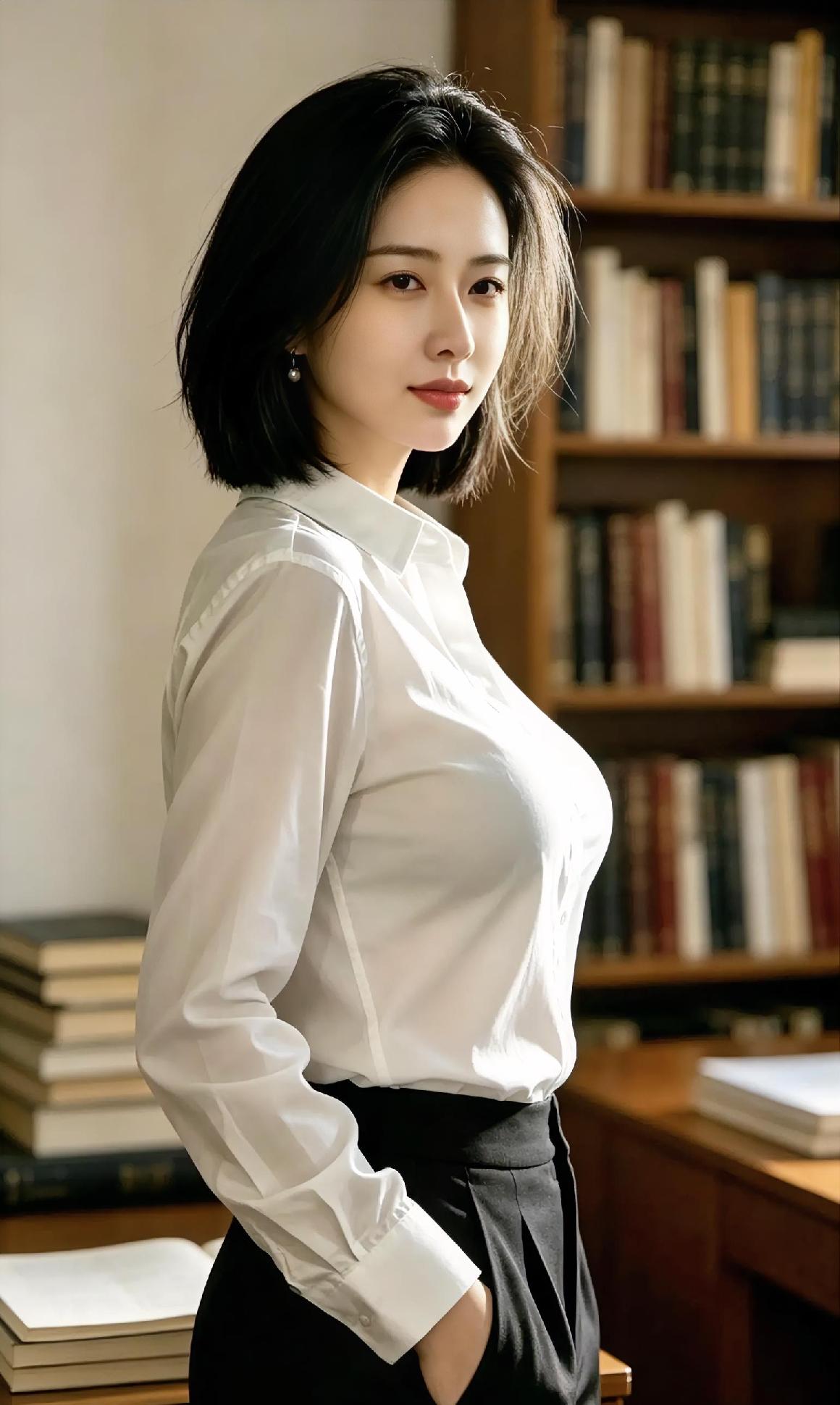 优雅知性，书香满溢，白衬衫黑裙，完美搭配！📚✨