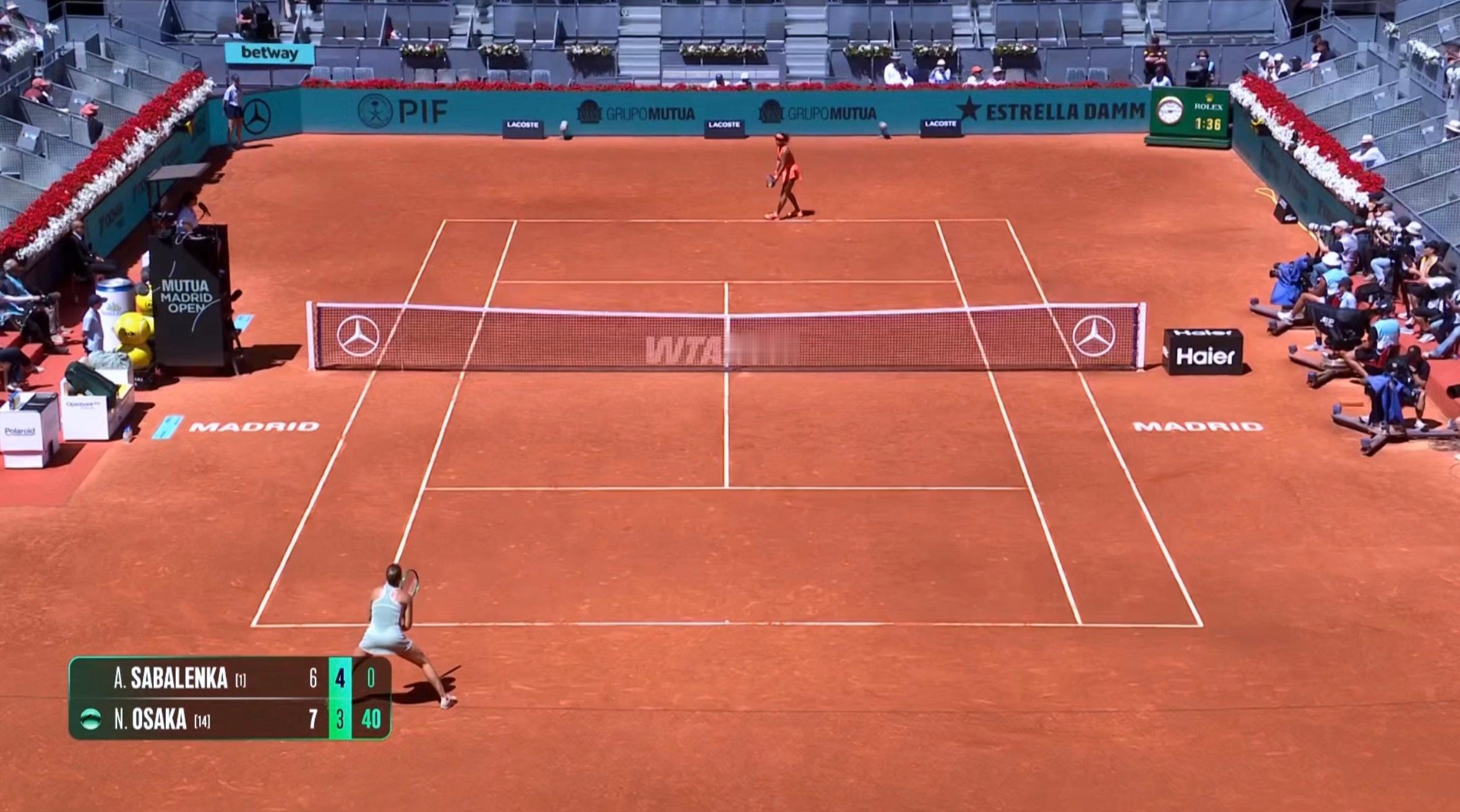 马德里1000赛大坂直美第二盘最后一个发球局40-0没保住，萨巴抓住机会6-3