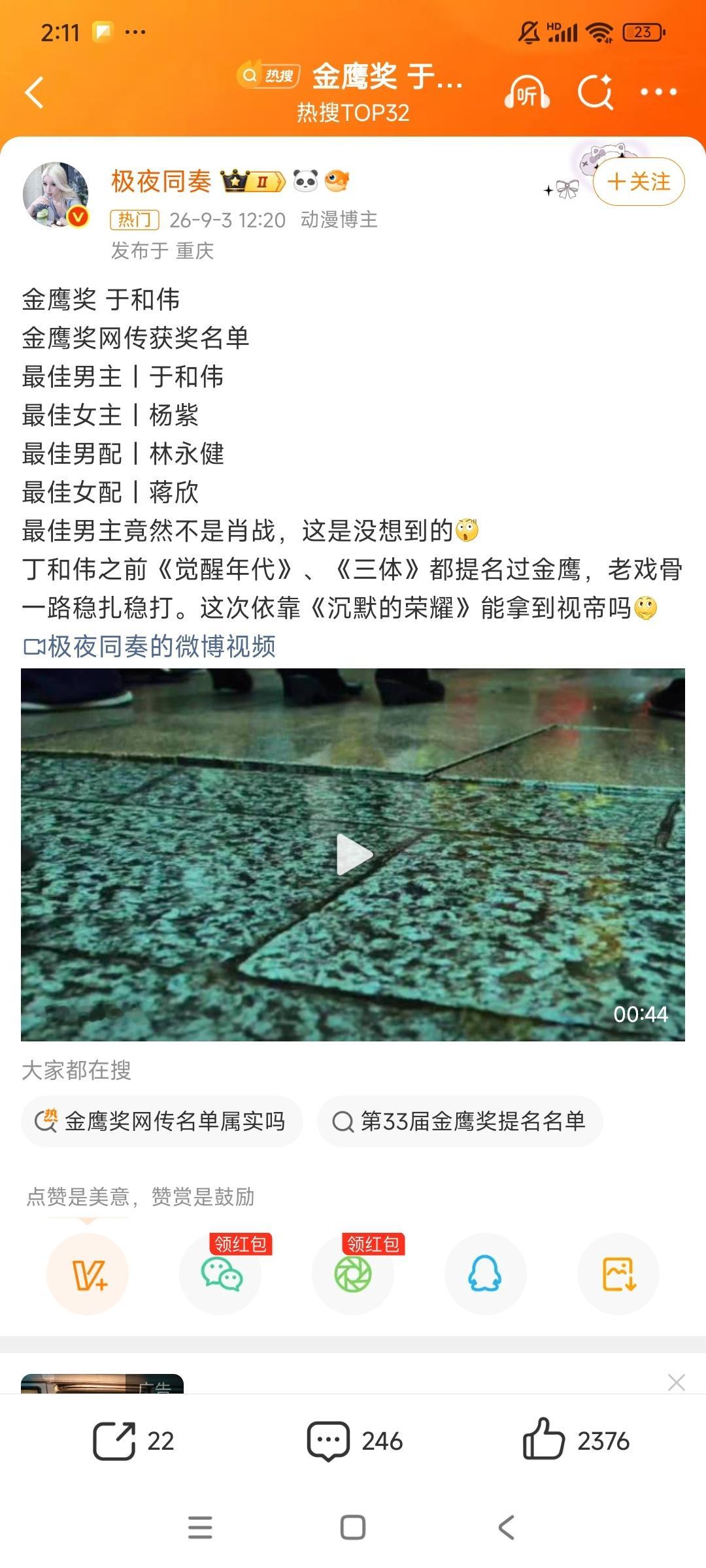 金鹰奖金鹰奖于和伟一点进话题，热门1就是这个，都没提名，找啥存在感​​​