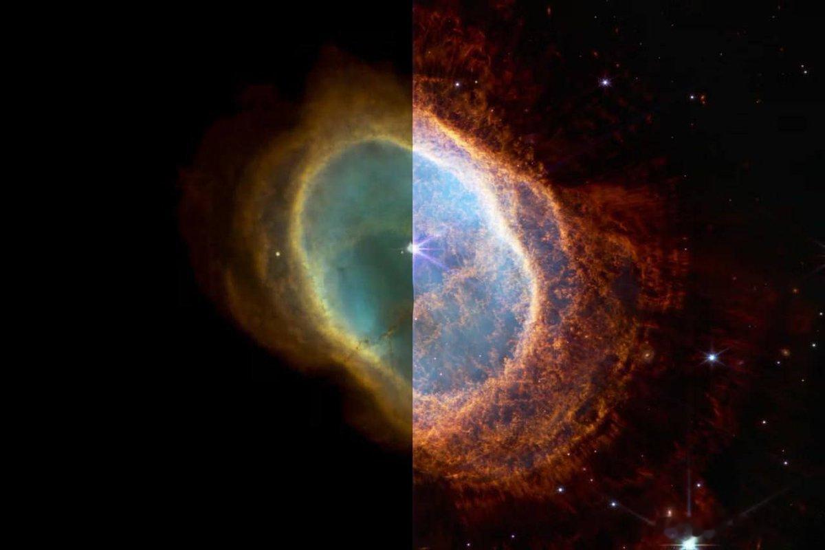 新一代天文学：哈勃vs.韦布哈勃和韦布对NGC3132星云图像的比较清楚地