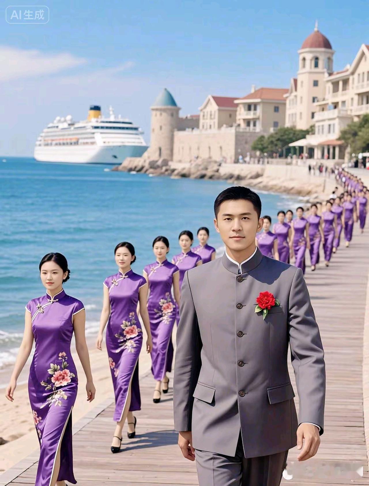 海滨行海滨步道沐朝晖，俊彦前行气宇魁。紫袂旗袍增秀色，灰装绅士展英威。轻波