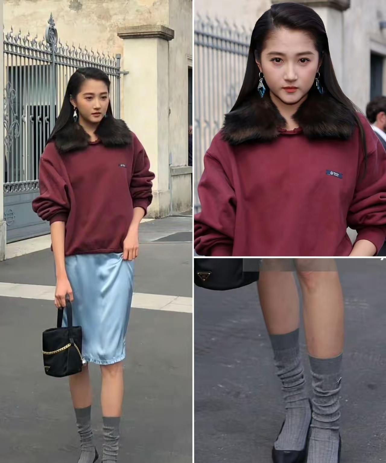 很漂亮的女生为啥衣品这么差呢？黑皮鞋搭配这么厚的袜子。厚厚的毛领上衣搭配薄薄的