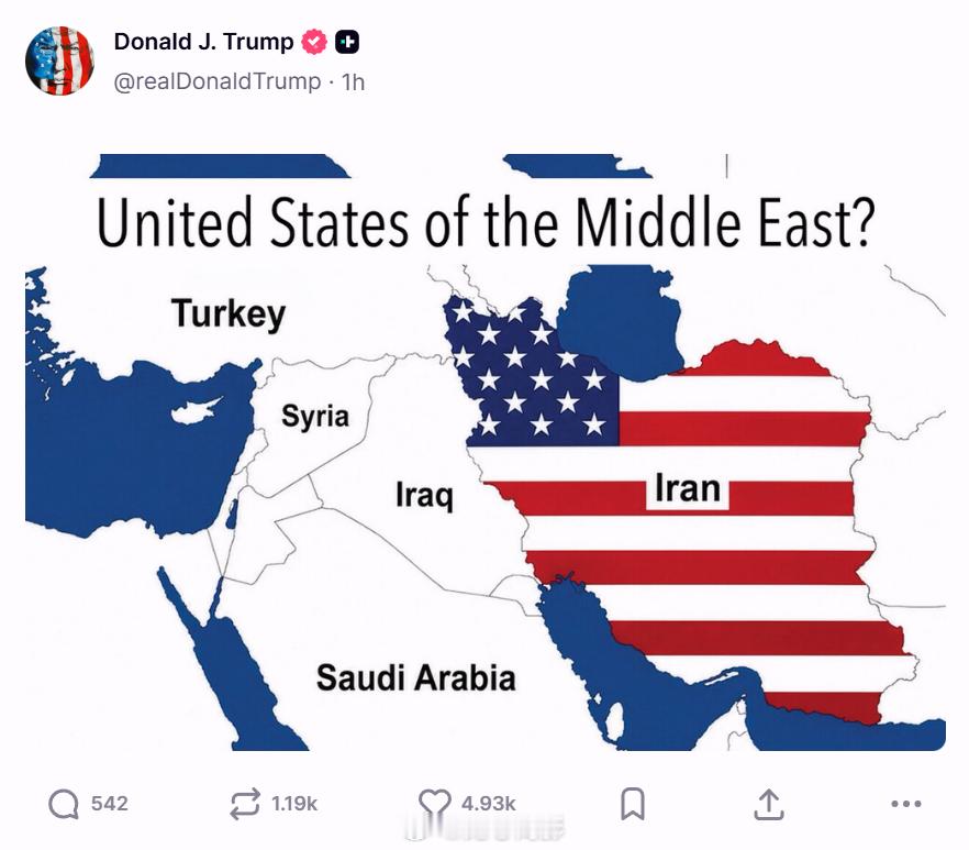 特朗普又在发帖整活儿。图1的帖子，显示一个被美国国旗覆盖的伊朗地图，文字写着【中