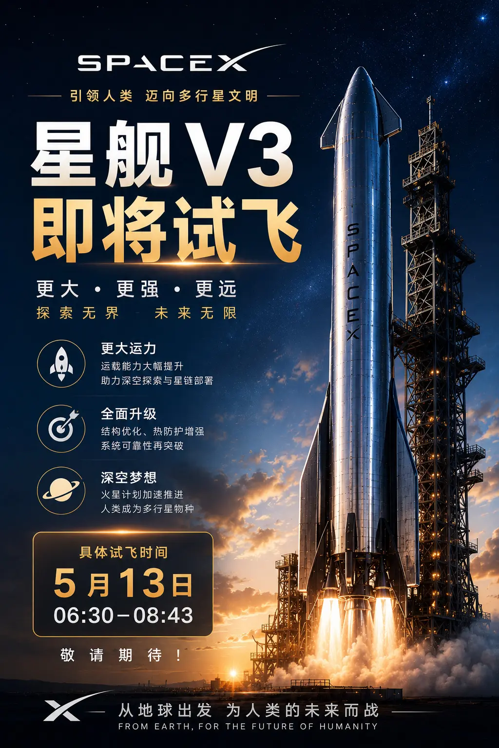 马斯克星舰V3即将试飞。人类历史上最强火箭之一，或将在5月13日再次改...