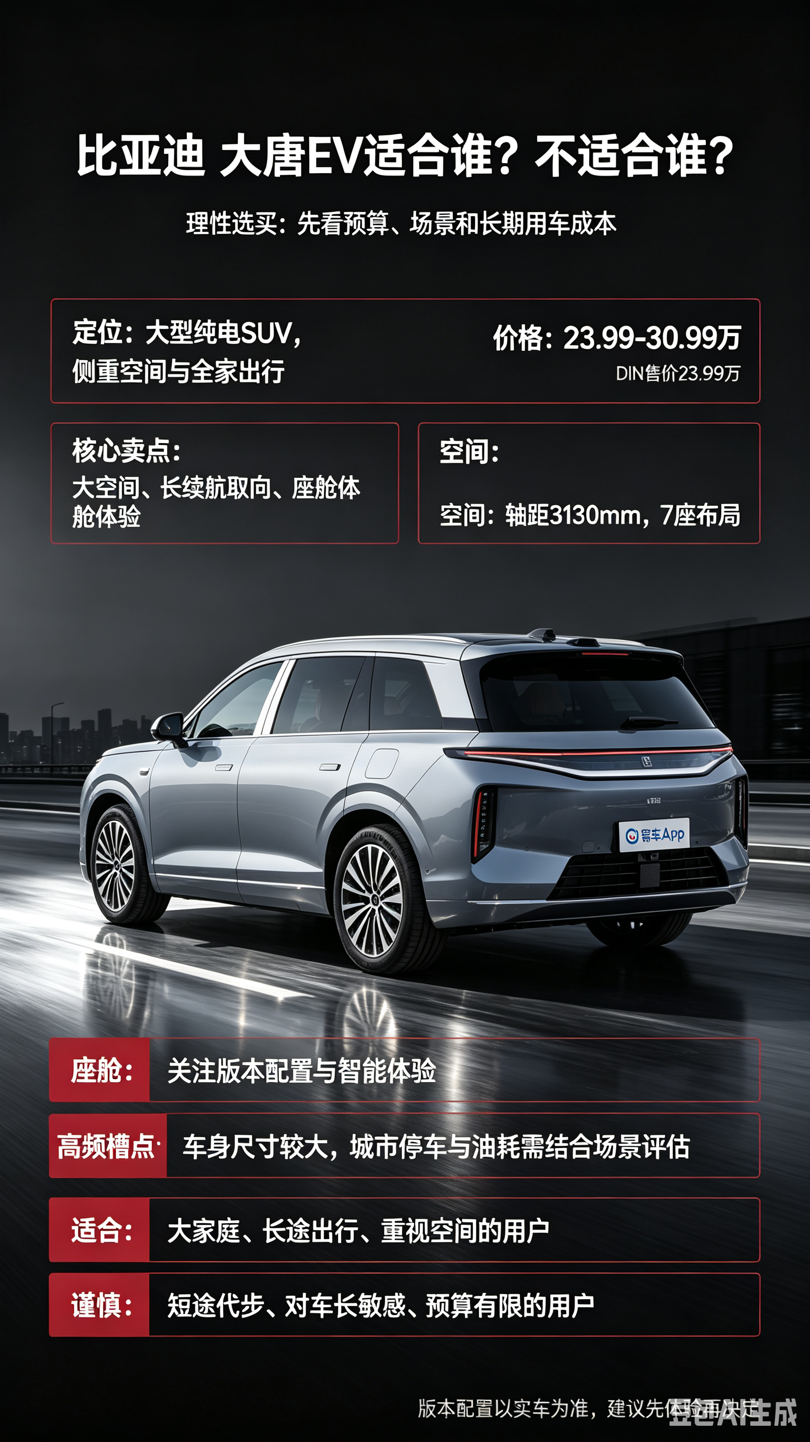 比亚迪大唐EV是大型纯电7座SUV，主打大空间，适合大家庭长途出行。拥有不错的续航表现与舒适座舱，智