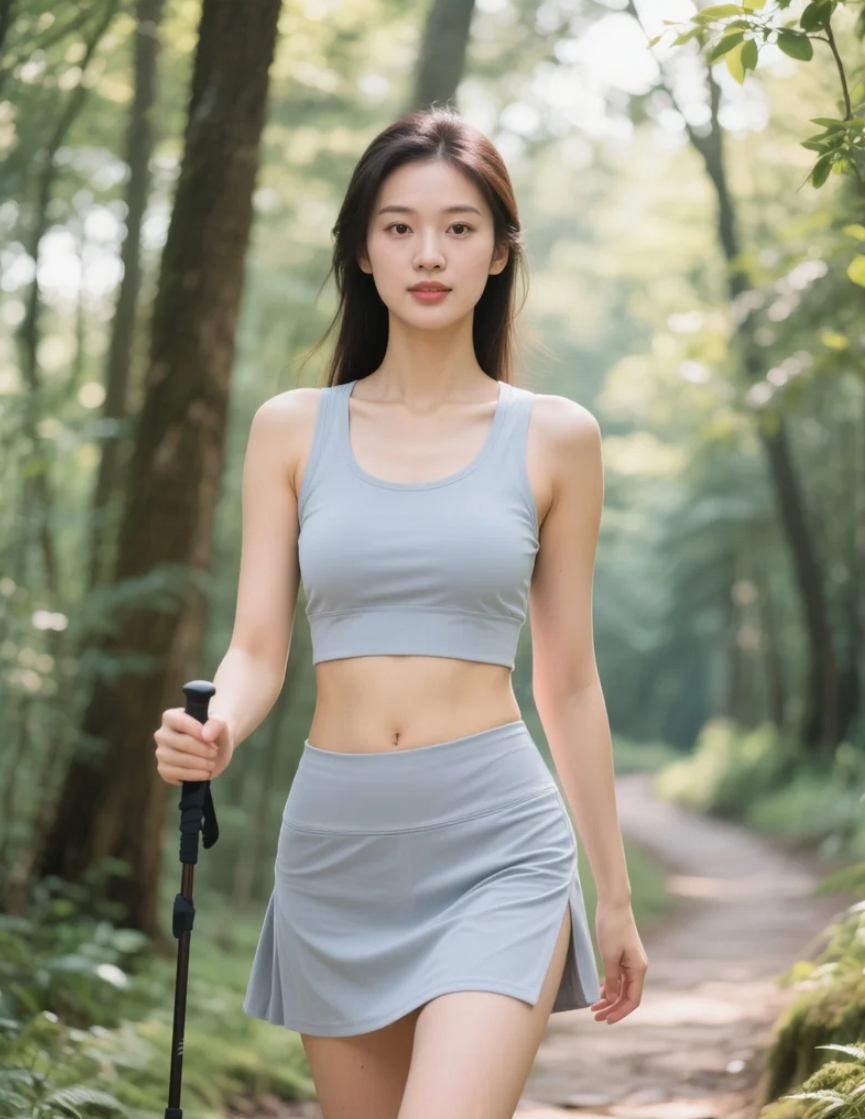 森林步道上的亚洲美女，呼吸间尽是大自然的气息