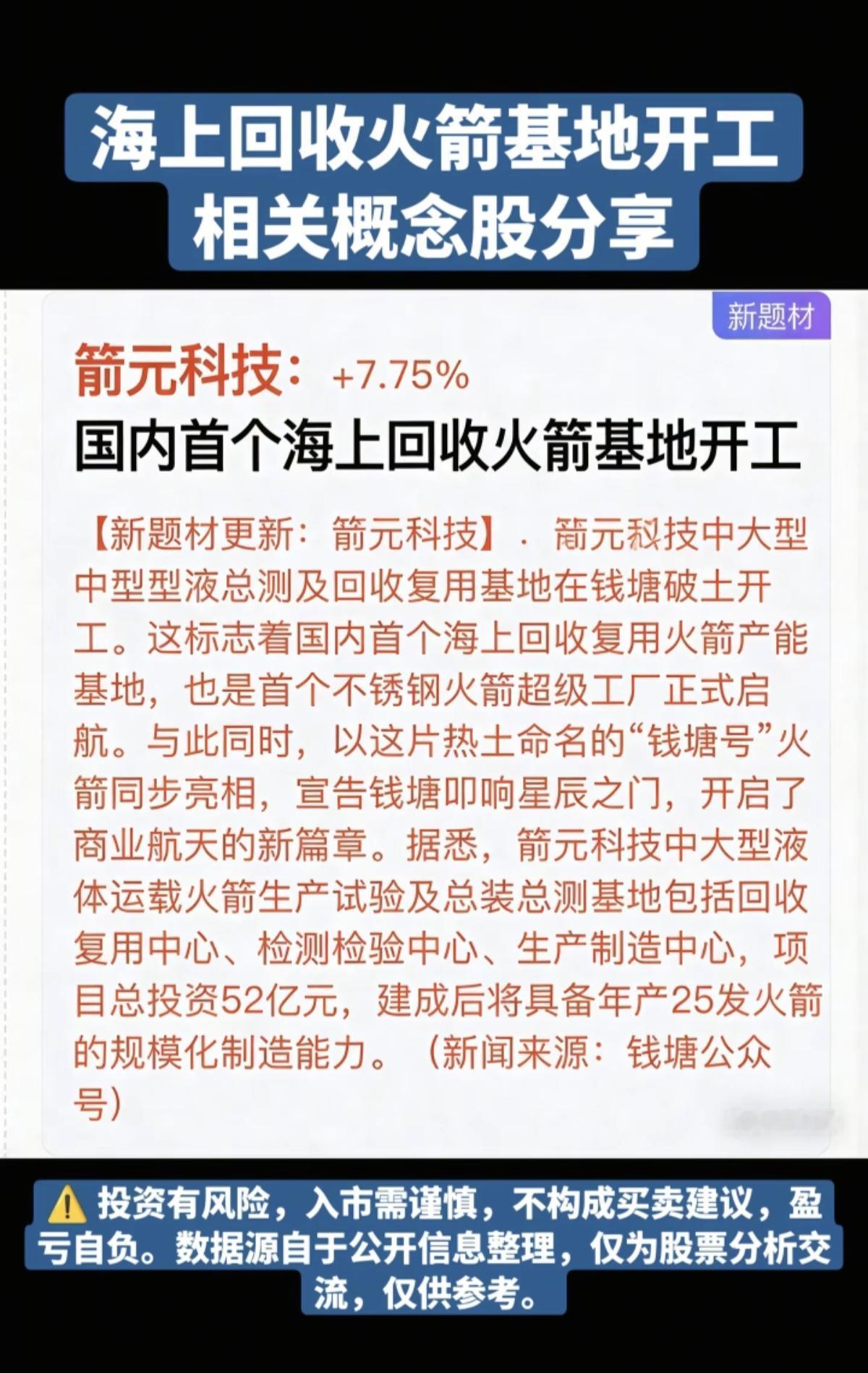 商业航天再突破！国内首个：海上回收火箭基地，开工！海上回收火箭基地，相关