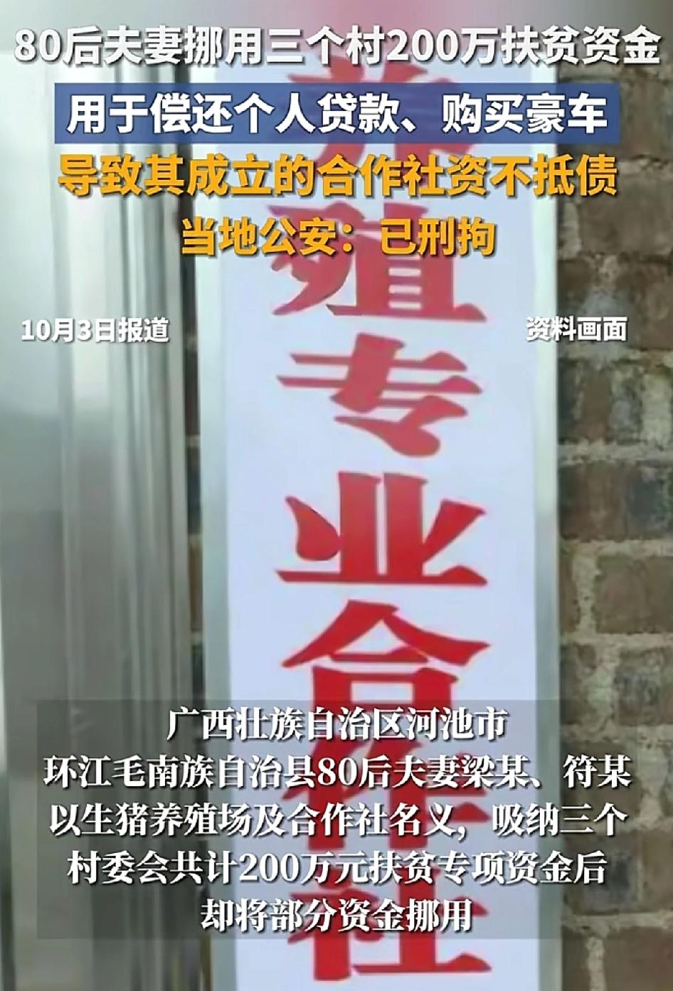 广西河池环江县有三个村，凑了200万的扶贫款，投了一对80后的夫妻的养殖合作社，