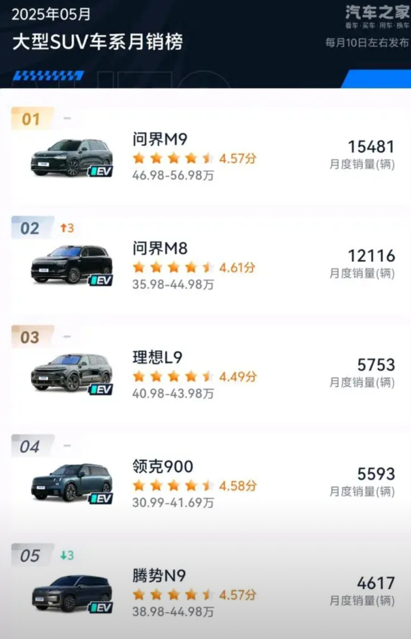 这大概就是目前国内大型SUV市场的格局，问界M9/M8遥遥领先，理想L9不温不火