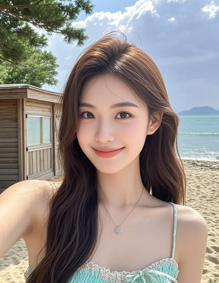 沐浴在温暖的日光下，我在海滩上留下了最美的笑容。