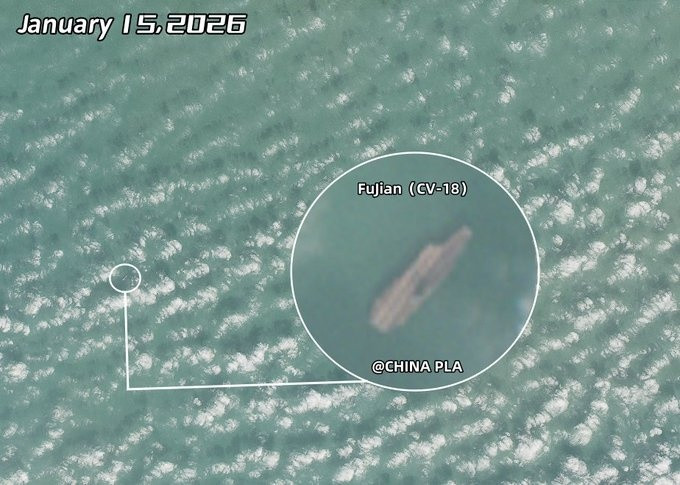正在渤海训练的福建号航母被卫星捕捉到～1月15日的卫星图像显示，中国海军的福建号