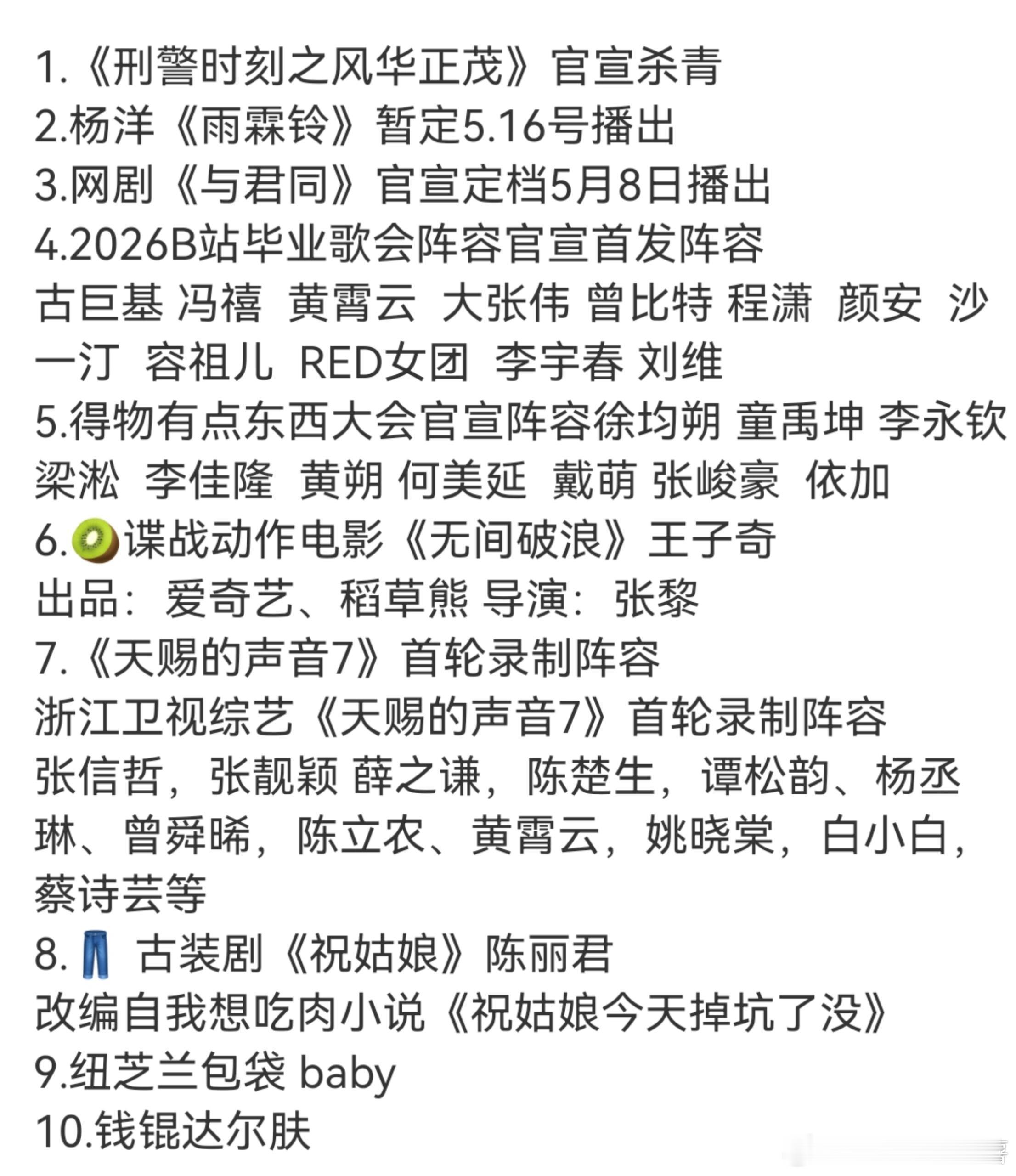 1.《刑警时刻之风华正茂》官宣杀青2.杨洋《雨霖铃》暂定5.16号播出3.网剧《