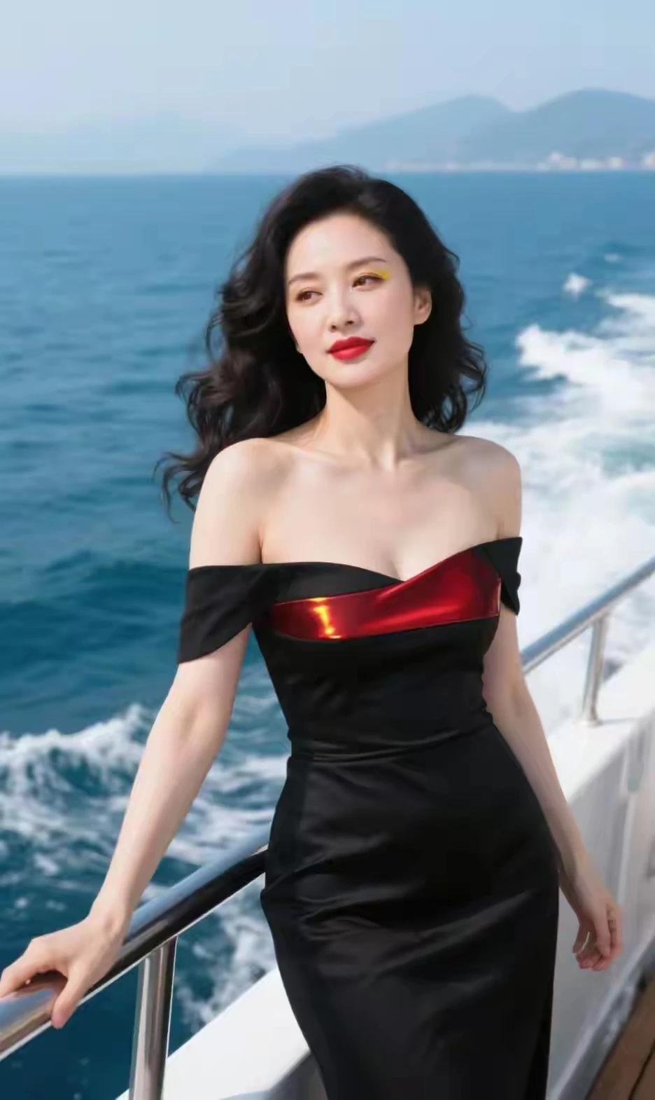 海边长裙韵味生，恰是春风拂柳轻。笑颜如花绽芳华，眼眸长兴映流霞。